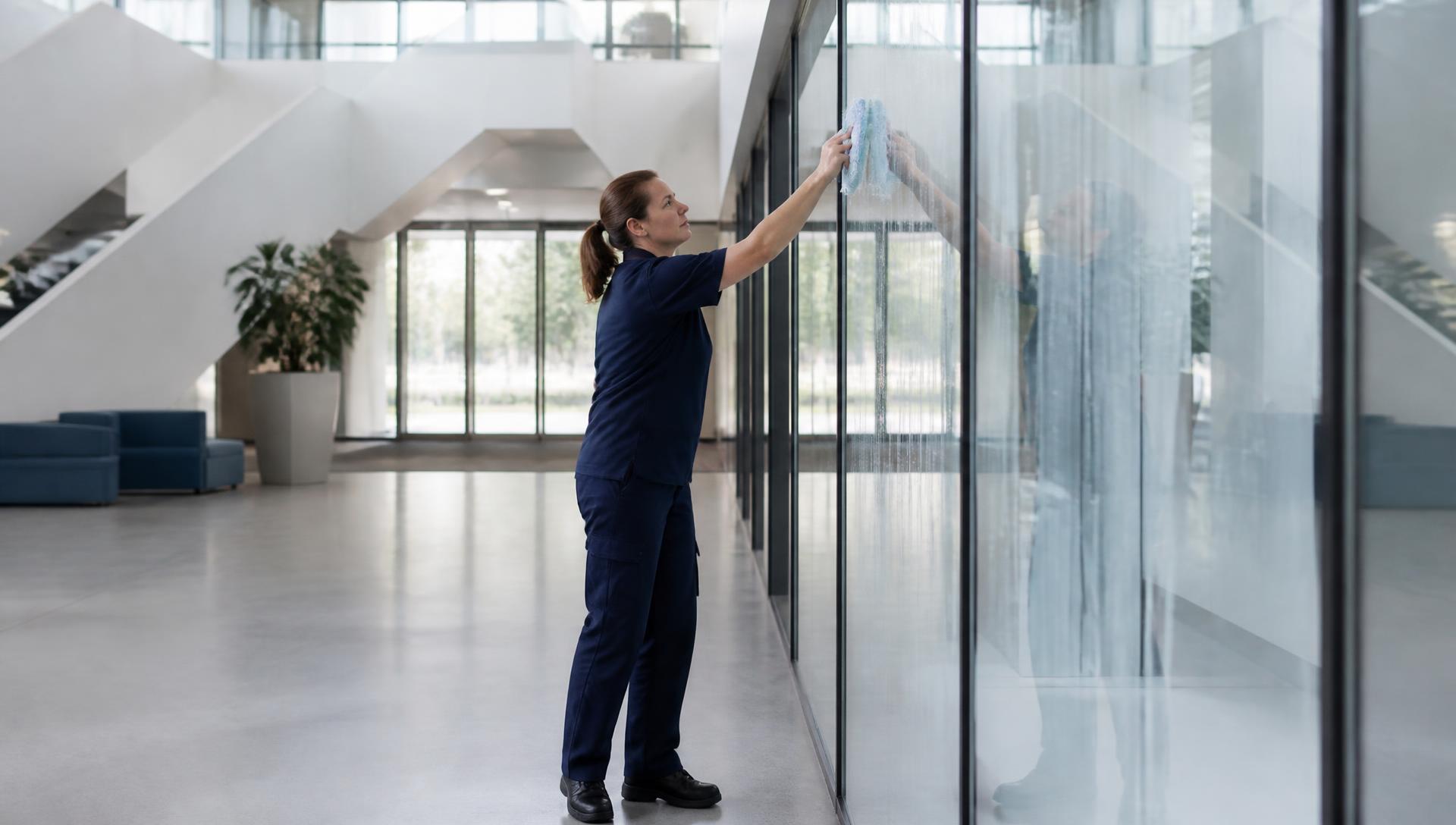 Cleaner working on a glass wall in a modern business lobby