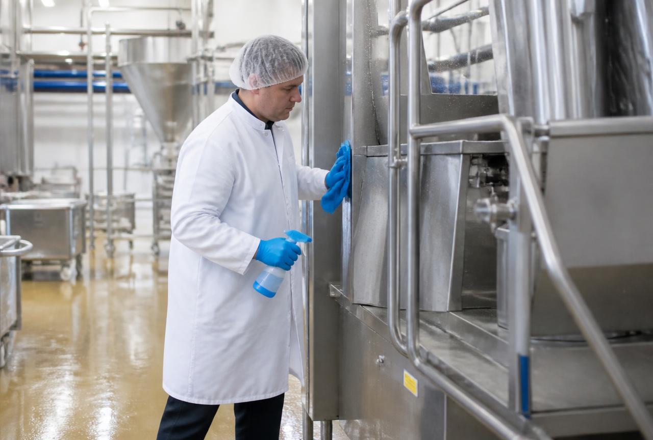 Technician disinfecting stainless steel machinery in a production plant